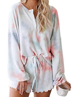 Womens Tie Dye Printed Ruffle Short Lounge Set Long Sleeve Tops and Shorts 2 Piece Pajamas Set Sleepwear