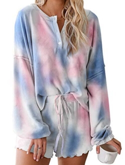 Womens Tie Dye Printed Ruffle Short Lounge Set Long Sleeve Tops and Shorts 2 Piece Pajamas Set Sleepwear