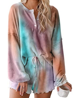 Womens Tie Dye Printed Ruffle Short Lounge Set Long Sleeve Tops and Shorts 2 Piece Pajamas Set Sleepwear