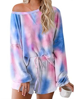 Womens Tie Dye Printed Ruffle Short Lounge Set Long Sleeve Tops and Shorts 2 Piece Pajamas Set Sleepwear