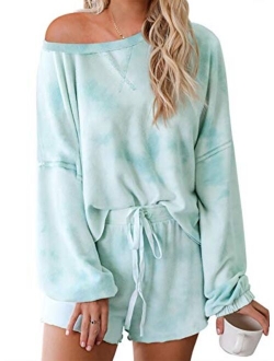 Womens Tie Dye Printed Ruffle Short Lounge Set Long Sleeve Tops and Shorts 2 Piece Pajamas Set Sleepwear