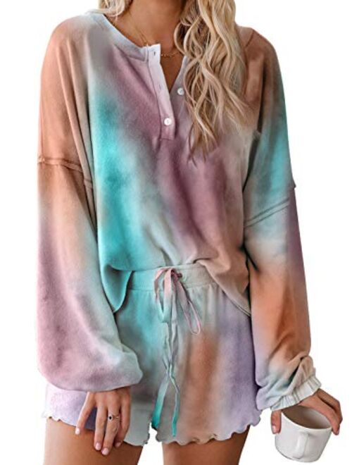 Asvivid Womens Tie Dye Printed Ruffle Short Lounge Set Long Sleeve Tops and Shorts 2 Piece Pajamas Set Sleepwear