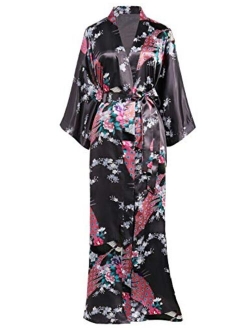 BABEYOND Women's Kimono Robe Long Robes with Peacock and Blossoms Printed Kimono Nightgown