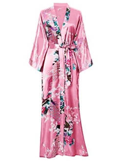 BABEYOND Women's Kimono Robe Long Robes with Peacock and Blossoms Printed Kimono Nightgown