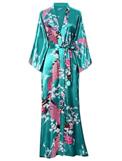 BABEYOND Women's Kimono Robe Long Robes with Peacock and Blossoms Printed Kimono Nightgown