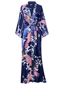 BABEYOND Women's Kimono Robe Long Robes with Peacock and Blossoms Printed Kimono Nightgown