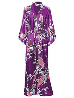 BABEYOND Women's Kimono Robe Long Robes with Peacock and Blossoms Printed Kimono Nightgown