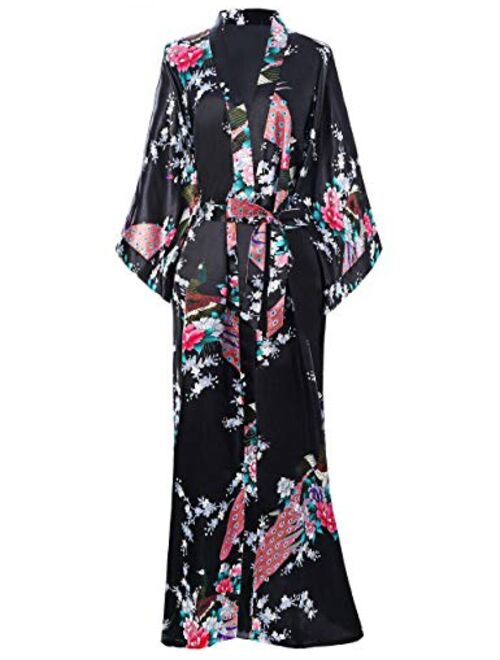 BABEYOND Women's Kimono Robe Long Robes with Peacock and Blossoms Printed Kimono Nightgown