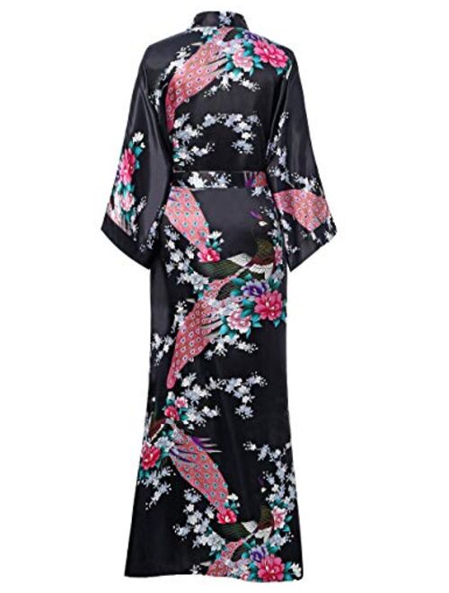 BABEYOND Women's Kimono Robe Long Robes with Peacock and Blossoms Printed Kimono Nightgown