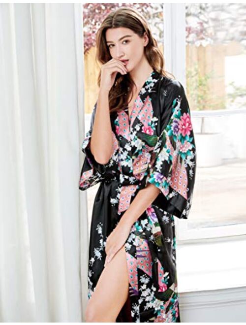 BABEYOND Women's Kimono Robe Long Robes with Peacock and Blossoms Printed Kimono Nightgown