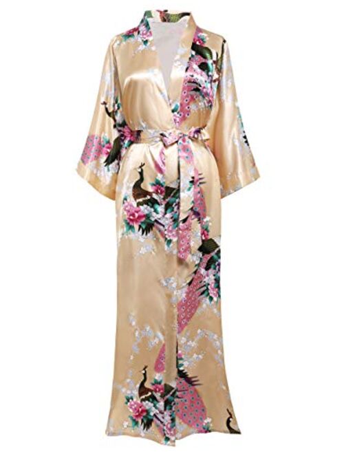 BABEYOND Women's Kimono Robe Long Robes with Peacock and Blossoms Printed Kimono Nightgown