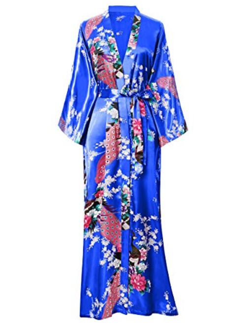 BABEYOND Women's Kimono Robe Long Robes with Peacock and Blossoms Printed Kimono Nightgown