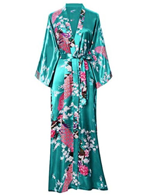 BABEYOND Women's Kimono Robe Long Robes with Peacock and Blossoms Printed Kimono Nightgown