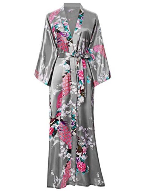 BABEYOND Women's Kimono Robe Long Robes with Peacock and Blossoms Printed Kimono Nightgown