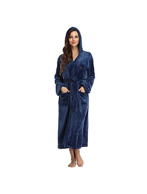 RONGTAI Fleece Womens Robe Lightweight Soft Plush Warm Bathrobes with Hood