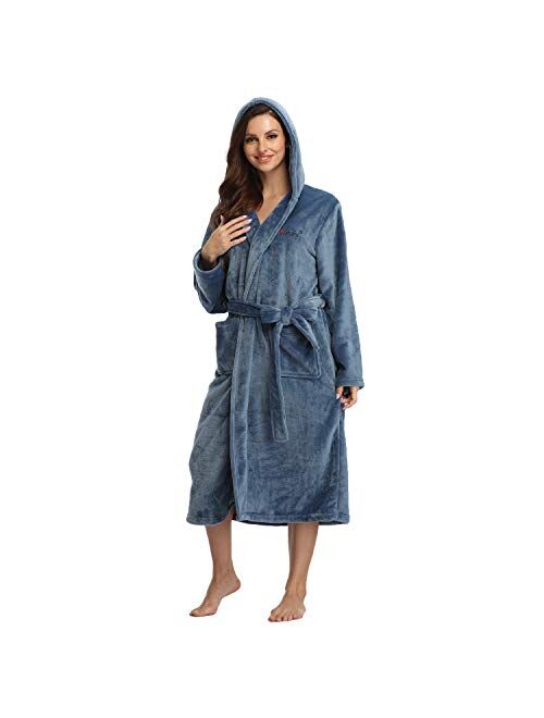 RONGTAI Fleece Womens Robe Lightweight Soft Plush Warm Bathrobes with Hood