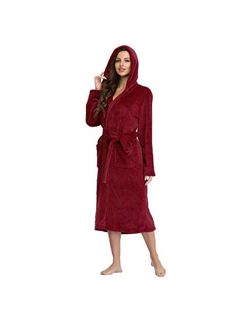 RONGTAI Fleece Womens Robe Lightweight Soft Plush Warm Bathrobes with Hood