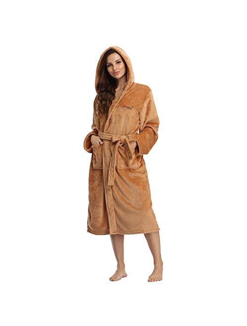 RONGTAI Fleece Womens Robe Lightweight Soft Plush Warm Bathrobes with Hood