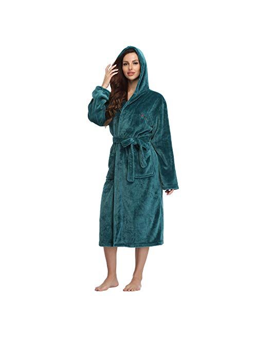 RONGTAI Fleece Womens Robe Lightweight Soft Plush Warm Bathrobes with Hood