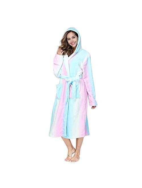 RONGTAI Fleece Womens Robe Lightweight Soft Plush Warm Bathrobes with Hood