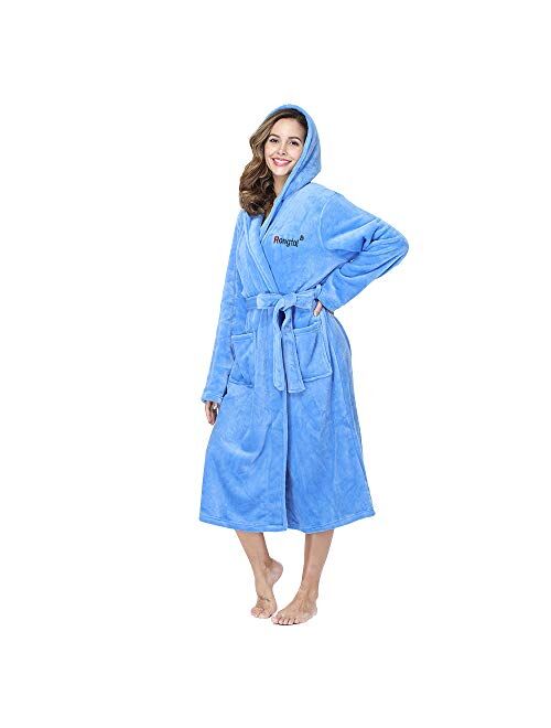 RONGTAI Fleece Womens Robe Lightweight Soft Plush Warm Bathrobes with Hood