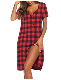 Women's Nightshirt Short Sleeve Button Down Nightgown V-Neck Sleepwear Pajama Dress