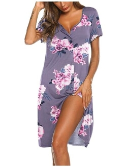 Women's Nightshirt Short Sleeve Button Down Nightgown V-Neck Sleepwear Pajama Dress