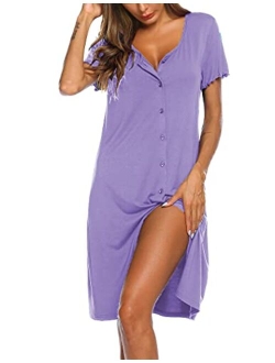 Women's Nightshirt Short Sleeve Button Down Nightgown V-Neck Sleepwear Pajama Dress