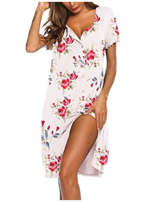 Ekouaer Women's Nightshirt Short Sleeve Button Down Nightgown V-Neck Sleepwear Pajama Dress