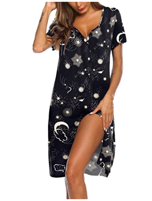 Ekouaer Women's Nightshirt Short Sleeve Button Down Nightgown V-Neck Sleepwear Pajama Dress