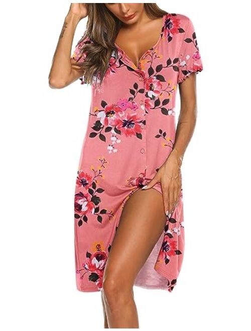 Ekouaer Women's Nightshirt Short Sleeve Button Down Nightgown V-Neck Sleepwear Pajama Dress