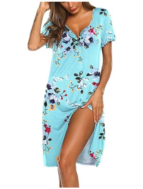 Ekouaer Women's Nightshirt Short Sleeve Button Down Nightgown V-Neck Sleepwear Pajama Dress