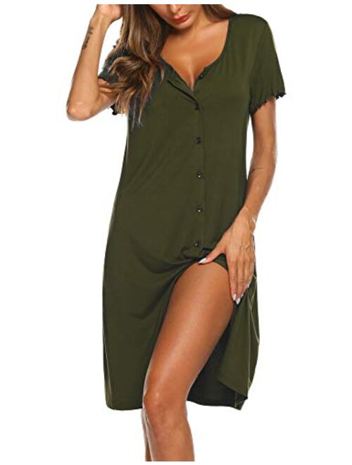 Ekouaer Women's Nightshirt Short Sleeve Button Down Nightgown V-Neck Sleepwear Pajama Dress