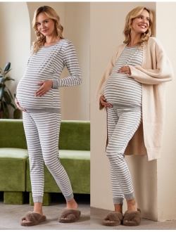 Maternity & Nursing Thermal Underwear Set Striped Knit Long Johns Set Top & Bottom Base Layer for Pregnant Women