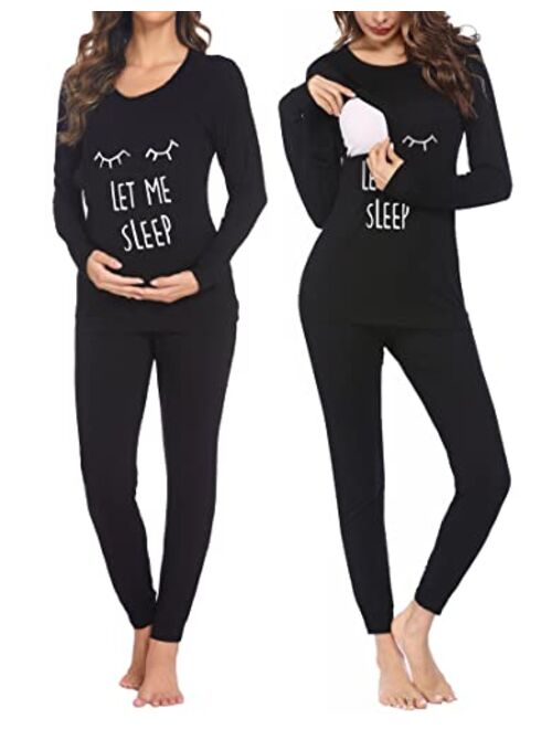 Ekouaer Maternity & Nursing Thermal Underwear Set Striped Knit Long Johns Set Top & Bottom Base Layer for Pregnant Women