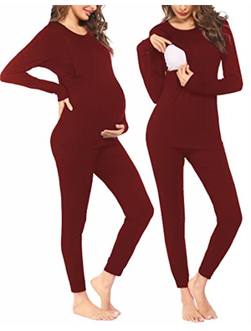 Ekouaer Maternity & Nursing Thermal Underwear Set Striped Knit Long Johns Set Top & Bottom Base Layer for Pregnant Women