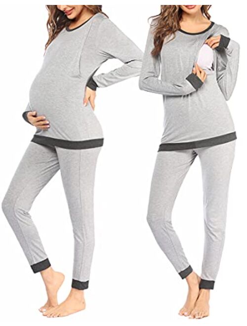 Ekouaer Maternity & Nursing Thermal Underwear Set Striped Knit Long Johns Set Top & Bottom Base Layer for Pregnant Women