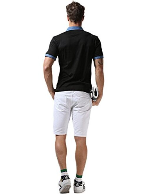 Sportides Mens Casual Denim Stitching Pocket Polo Shirt Short Sleeve T-Shirt Tops JZA008