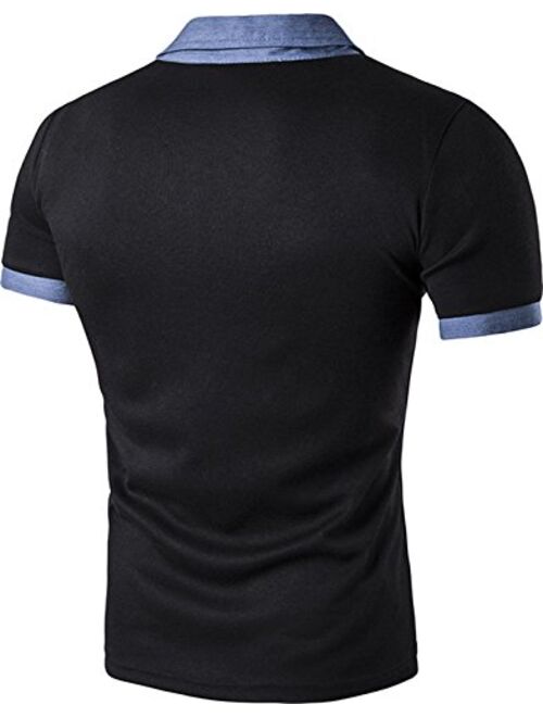 Sportides Mens Casual Denim Stitching Pocket Polo Shirt Short Sleeve T-Shirt Tops JZA008