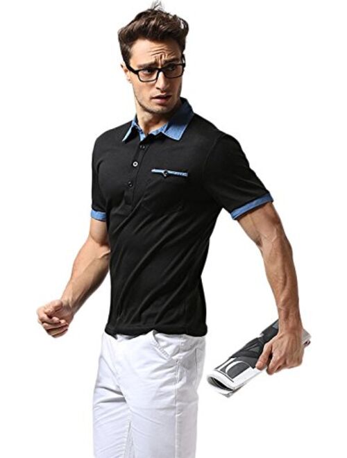 Sportides Mens Casual Denim Stitching Pocket Polo Shirt Short Sleeve T-Shirt Tops JZA008