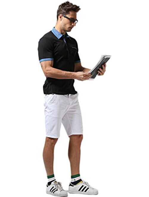 Sportides Mens Casual Denim Stitching Pocket Polo Shirt Short Sleeve T-Shirt Tops JZA008