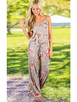 AMiERY Women's Floral Printed Jumpsuits Solid Rompers Casual Comfy Striped Jumpsuit with Pockets