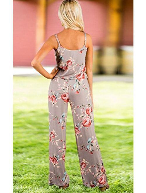 AMiERY Women's Floral Printed Jumpsuits Solid Rompers Casual Comfy Striped Jumpsuit with Pockets