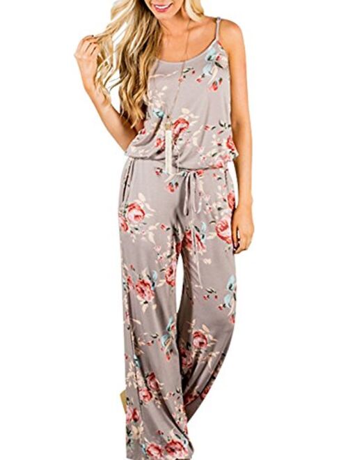 AMiERY Women's Floral Printed Jumpsuits Solid Rompers Casual Comfy Striped Jumpsuit with Pockets