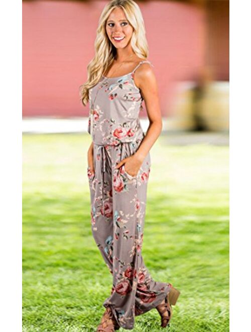 AMiERY Women's Floral Printed Jumpsuits Solid Rompers Casual Comfy Striped Jumpsuit with Pockets