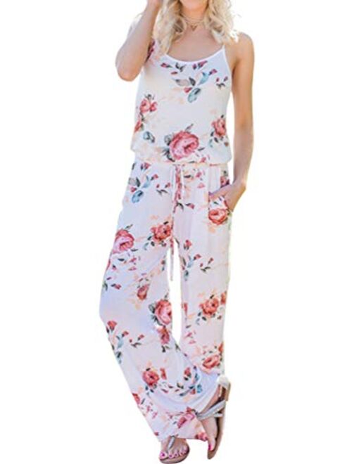 AMiERY Women's Floral Printed Jumpsuits Solid Rompers Casual Comfy Striped Jumpsuit with Pockets