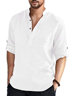 Aimeilgot Men's Cotton Linen Henley Shirt Long Sleeve Hippie Casual Beach T Shirts