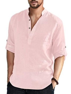 Aimeilgot Men's Cotton Linen Henley Shirt Long Sleeve Hippie Casual Beach T Shirts