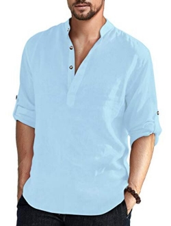 Aimeilgot Men's Cotton Linen Henley Shirt Long Sleeve Hippie Casual Beach T Shirts