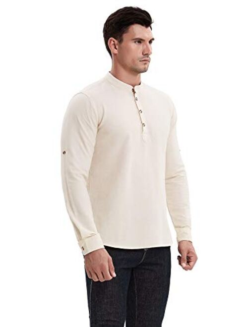 Aimeilgot Men's Cotton Linen Henley Shirt Long Sleeve Hippie Casual Beach T Shirts